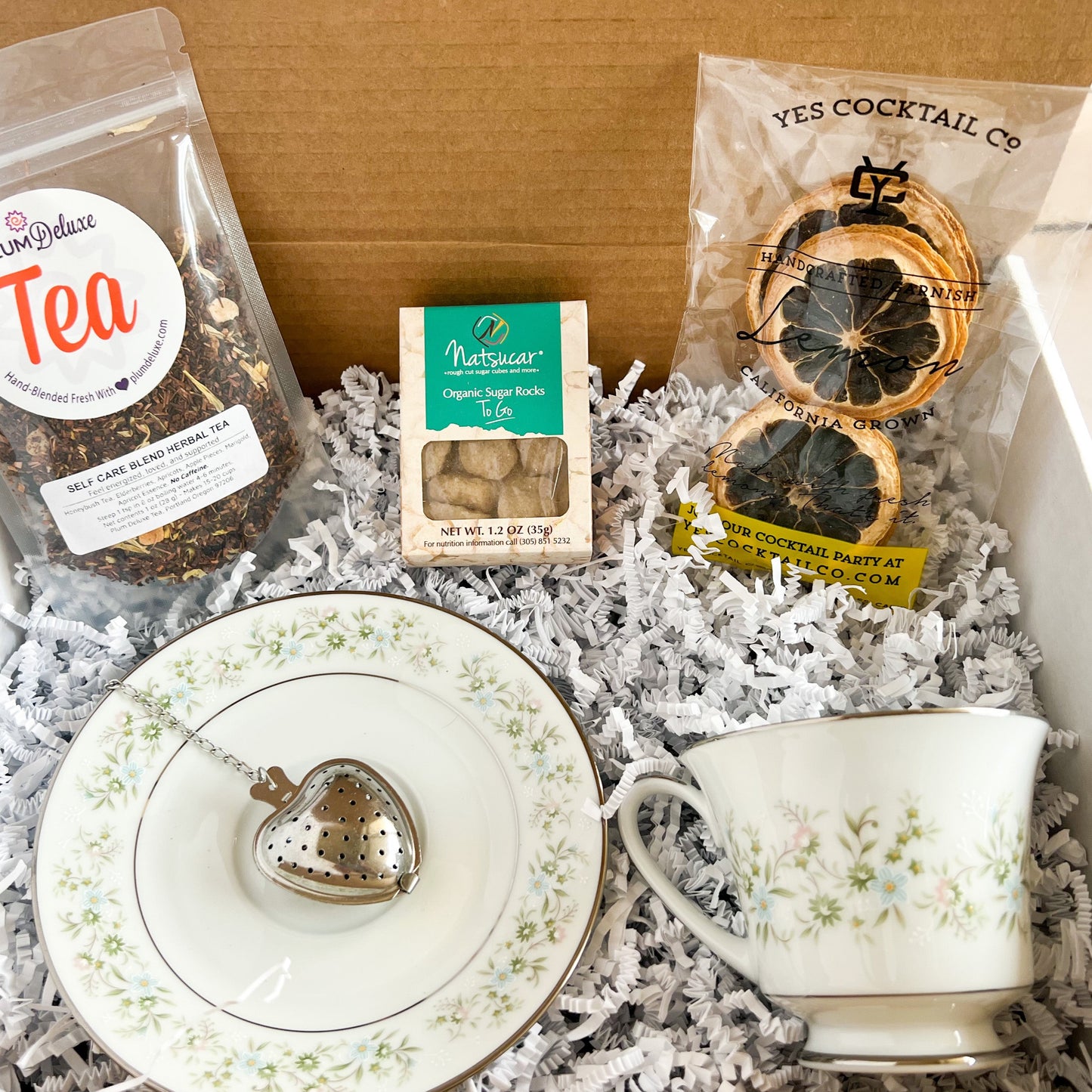 vintage tea cup kit with tea - vintage tea cup - 1 oz specialty blend tea - dried lemon garnish - organic sugar cubes